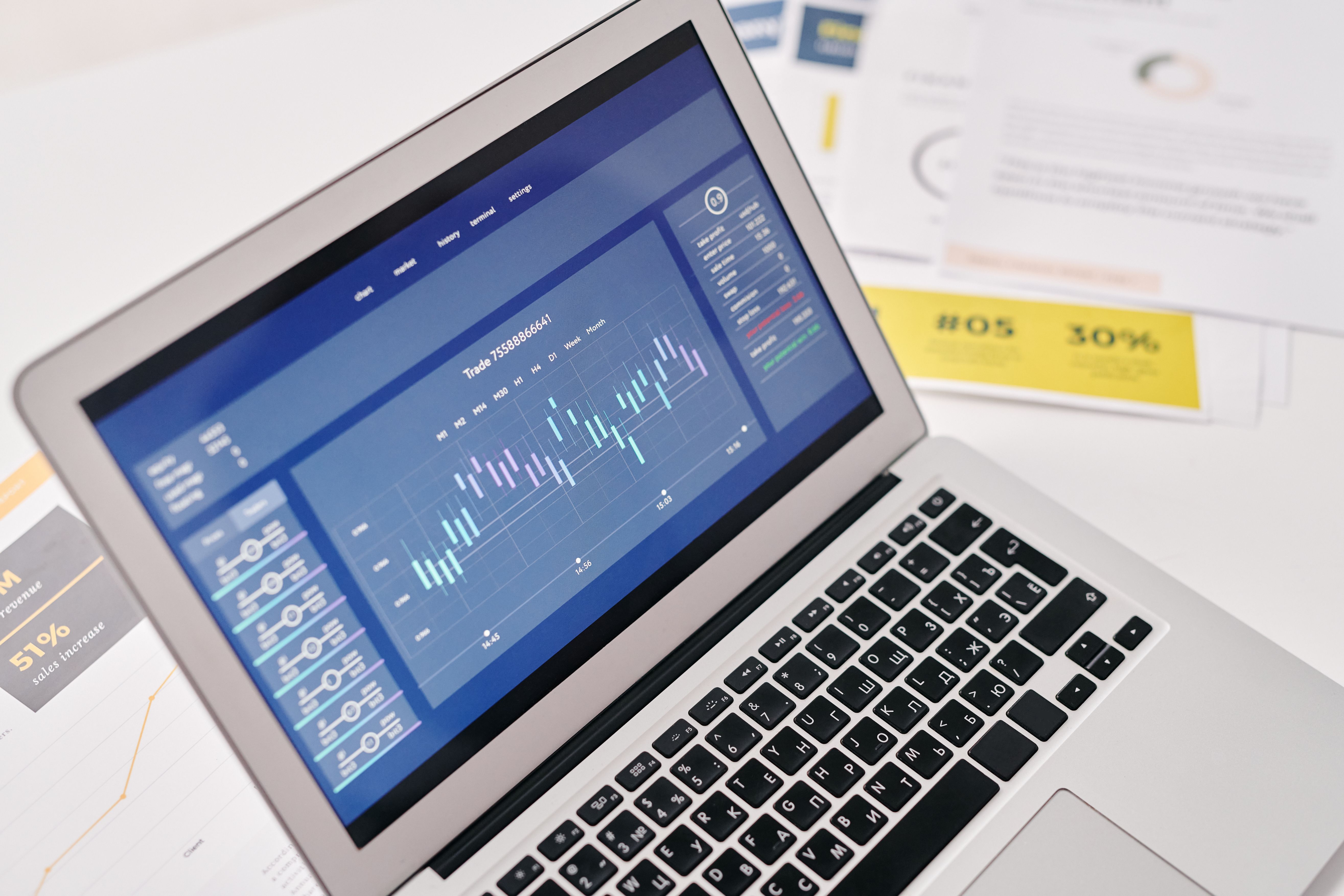 Laptop displaying financial graphs and analytics with documents nearby